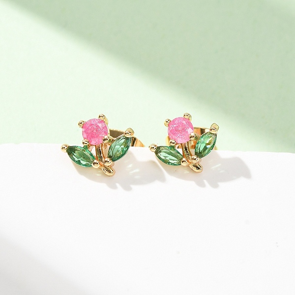 Brass Micro Pave Cubic Zirconia Stud Earrings for Women