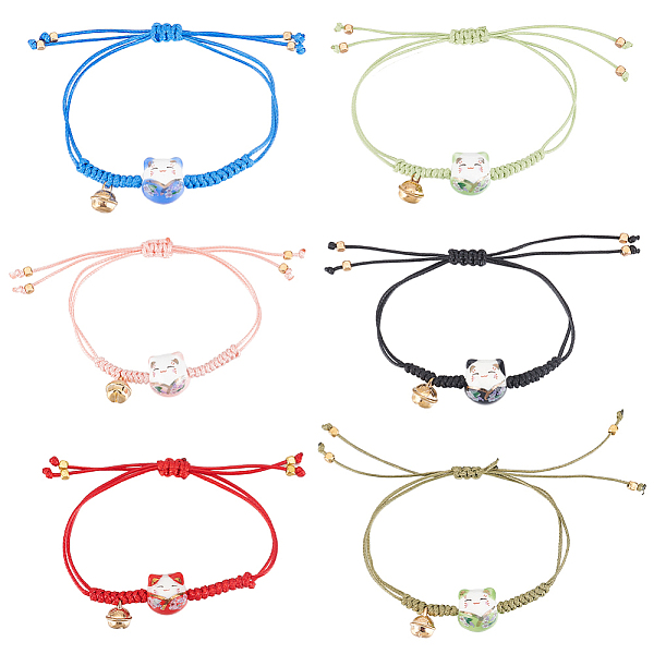 

PandaHall ANATTASOUL 6Pcs 6 Colors Bell Charm Bracelets Set, Porcelain Cat Braided Beaded Adjustable Bracelets for Women, Mixed Color, Inner..., Multicolor