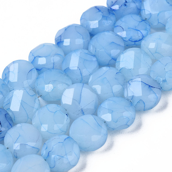 

PandaHall Opaque Baking Painted Crackle Glass Beads Strands, Flat Round, Faceted, Light Sky Blue, 8x5mm, Hole: 1.2mm, about 51pcs/strand...
