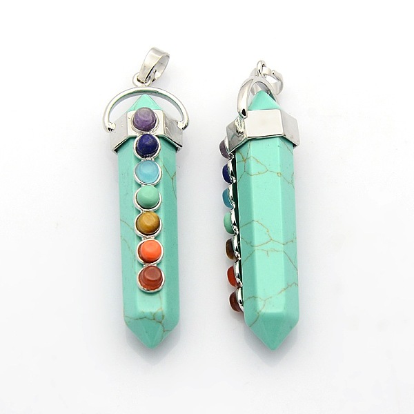 

PandaHall Yoga Chakra Jewelry Platinum Plated Brass Gemstone Double Terminated Pointed Big Pendants, Synthetic Turquoise, 58x17x16mm, Hole...