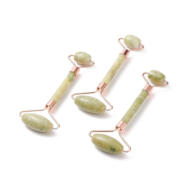 PandaHall Natural Lemon Jade Massage Tools, Facial Rollers, with Brass Findings, for Face, Eyes, Neck, Body Muscle Relaxing, Rose Gold...