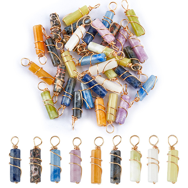 PandaHall SUPERFINDINGS 36Pcs 9 Styles Gemstone Charms Column 20mm Natural Mixed Stone Pendants with Light Gold Tone Stone Pendants Charms...