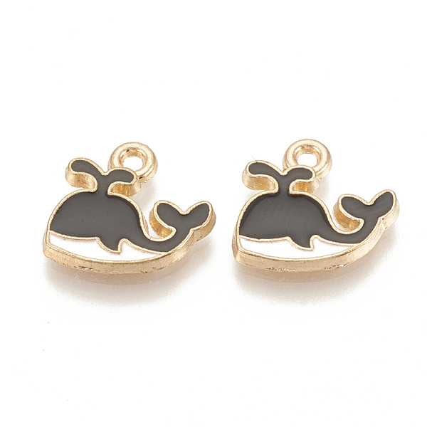 

PandaHall Alloy Enamel Charms, Cadmium Free & Lead Free, Whale Shaped, Light Gold, Black, 12.5x13x1.5mm, Hole: 1mm Alloy+Enamel Fish Black