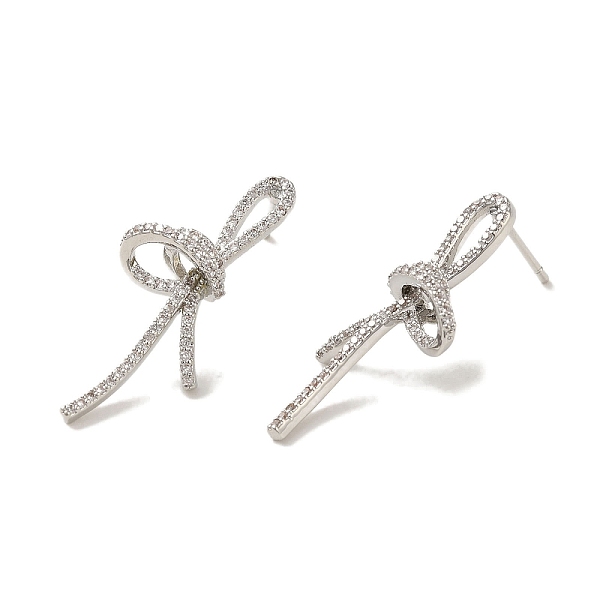 

PandaHall Brass Stud Earrings, Cubic Zirconia Cadmium Free & Lead Free, Bowknot, Platinum, 32x14.5mm Cubic Zirconia Bowknot