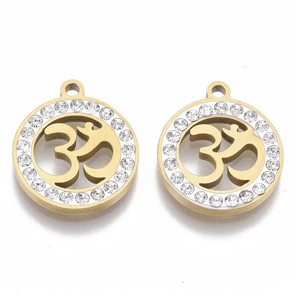 

PandaHall 201 Stainless Steel Pendants, with Polymer Clay Crystal Rhinestone, Flat Round with Aum/Om Symbol, Golden, 17x15x2mm, Hole: 1.6mm..., Clear