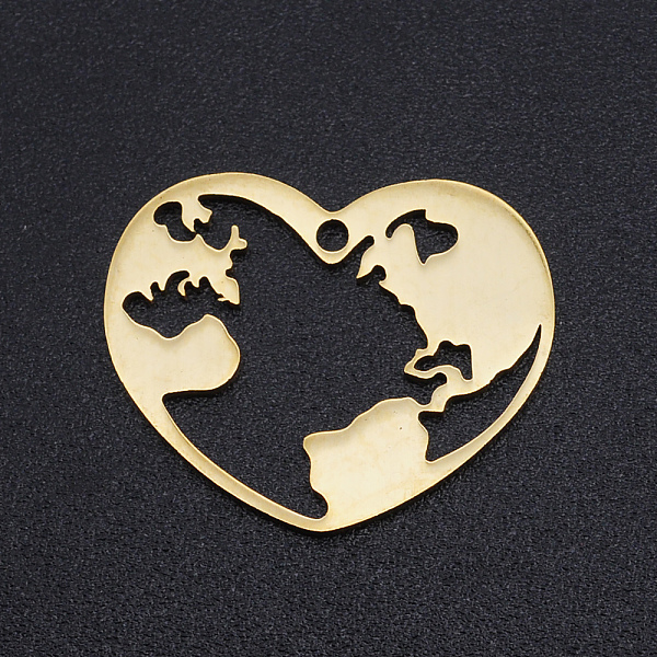 PandaHall 201 Stainless Steel Pendants, Laser Cut Pendants, Heart with Map, Golden, 16x20x1mm, Hole: 1.4mm 201 Stainless Steel Heart
