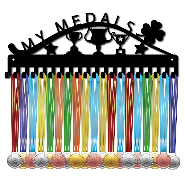 

PandaHall Iron Medal Holder Frame, 20 Hooks Medals Display Hanger Rack, with Screws, Black, Trophy, 150x400mm, Hole: 5mm Iron Trophy Black