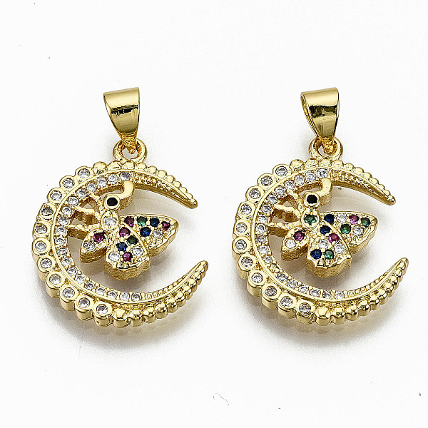 

PandaHall Brass Micro Pave Colorful Cubic Zirconia Pendants, Cadmium Free & Nickel Free & Lead Free, Moon with Butterfly, Real 16K Gold...