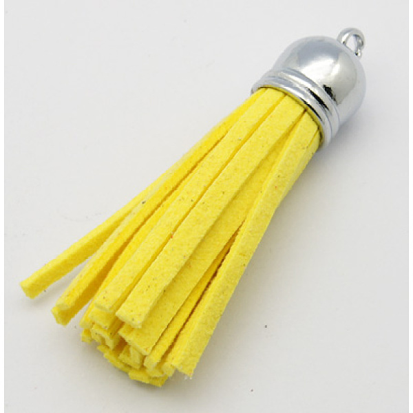 PandaHall Suede Tassels, with Brass Findings, Nice for DIY Earring or Cell Phone Straps Making, Platinum, Yellow, 55~65x12mm, Hole: 1.5mm...
