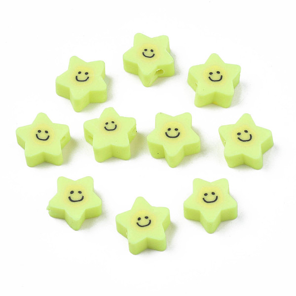 

PandaHall Handmade Polymer Clay Beads, Star with Smiling Face, Green Yellow, 7.5~9x8.5~9x3.5~4mm, Hole: 1.6mm Polymer Clay Star