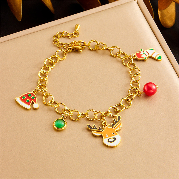 Christmas Theme 304 Stainless Steel Charm Bracelets for Women, Christmas Hat & Christmas Socking & Elk, with Plastic & Resin & Enamel, Golden, 6-5/8 inch(16.8cm)