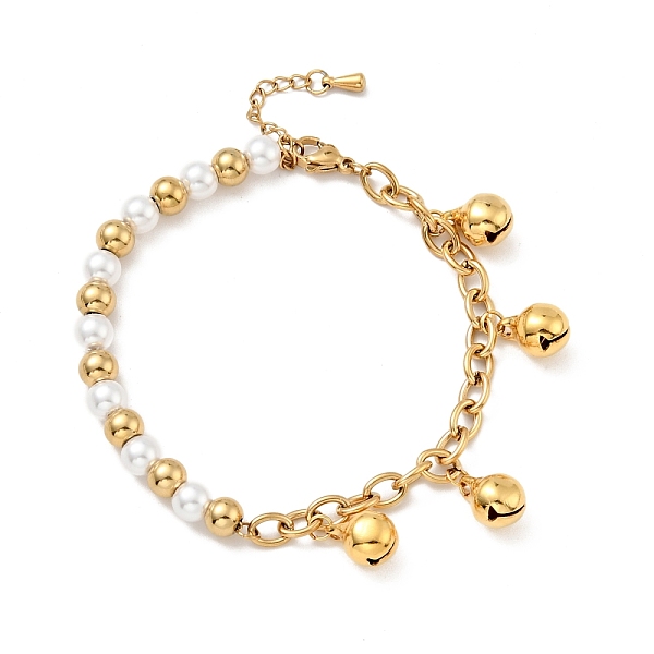 

PandaHall 201 Stainless Steel Bell Charms Bracelet, Plastic Pearl Beaded Bracelet with Vacuum Plating 304 Stainless Steel Curb Chains for..., White