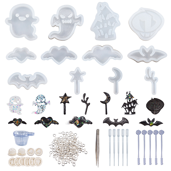 PandaHall OLYCRAFT 12pcs Halloween Theme Silicone Molds Resin Jewelry Casting Mold Kit with Tools 153pcs in Total for Epoxy Resin Jewelry...