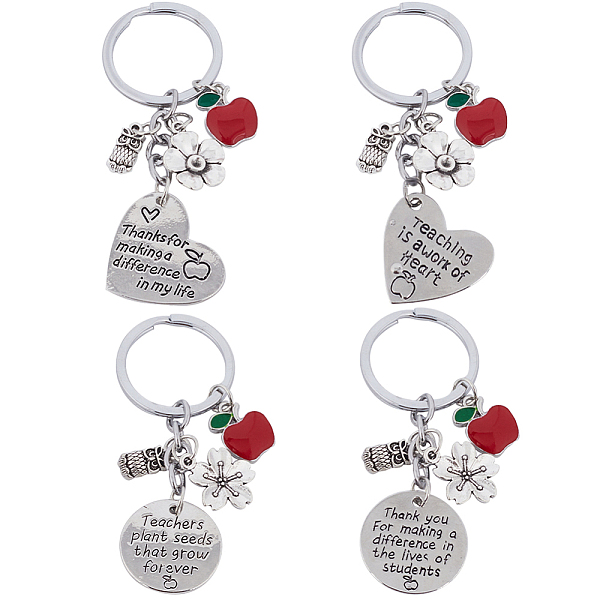 

PandaHall GORGECRAFT 4Pcs 4 Style Teachers Day Keychain Teacher Keyring Teacher Appreciation Gifts Alloy Heart Flower Teacher Keychain..., Red