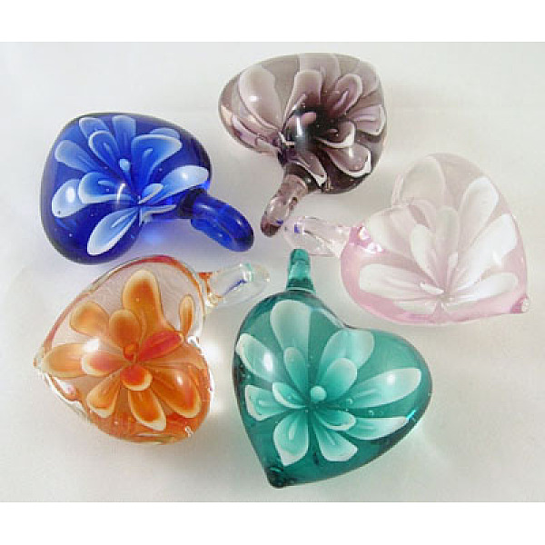 

PandaHall Lampwork Pendants, Heart, Inner Flower, Mixed Color, 32mm wide, 40~42mm long, hole: 5mm Lampwork Heart Multicolor