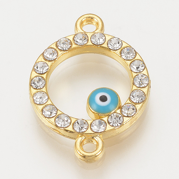 

PandaHall Alloy Rhinestone Links connectors, Cadmium Free & Lead Free, Ring with Evil Eye, Sky Blue, Golden, 19.5x14x2mm, Hole: 1mm...