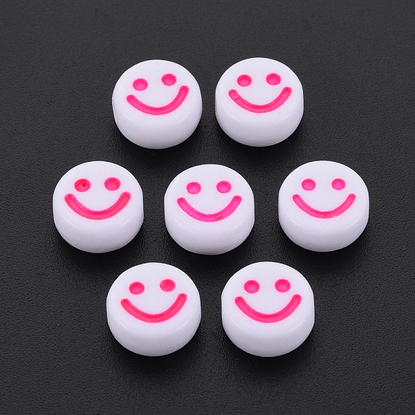 

PandaHall Opaque Acrylic Beads, with Enamel, Flat Round with Smile Face, Deep Pink, 10x5mm, Hole: 2mm, about 1450pcs/500g Acrylic Flat Round