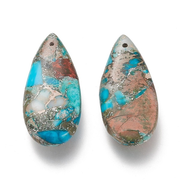 

PandaHall Assembled Synthetic Turquoise and Imperial Jasper Pendants, with Silver Line, Dyed, Teardrop, Deep Sky Blue, 35x15~15.5x6mm, Hole...