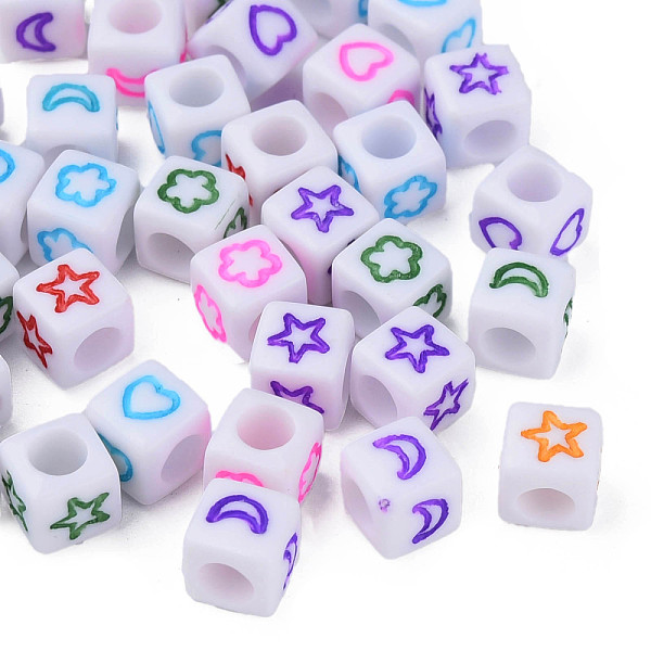 

PandaHall Opaque Acrylic Beads, White Cube with Star & Moon & Heart & Flower, Mixed Color, 6x6x6mm, Hole: 3.5mm, about 2900~3000pcs/500g..., Multicolor