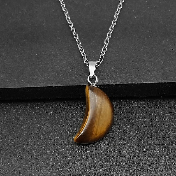 

PandaHall Moon Natural Tiger Eye Pendant Necklaces, with Platinum Alloy Cable Chains, 19.69 inch(50cm) Tiger Eye Moon