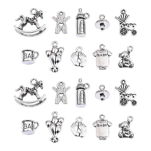 

PandaHall 100pcs 10 Style Tibetan Style Alloy Charms, Cadmium Free & Lead Free, Baby Feet & Feeding-bottle & Clothes & Rocking Horse & Bear...