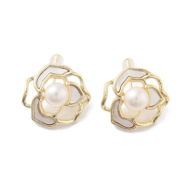 

PandaHall Natural Pearl Flower Stud Earrings with Shell, with 925 Sterling Silver Pins, Real 14K Gold Plated, 15.5x16.5mm Pearl Flower
