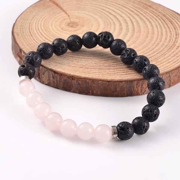 

PandaHall Natural Lava Rock Beaded Stretch Bracelets, with Rose Quartz Beads and Brass Findings, Platinum, 58mm Rose Quartz