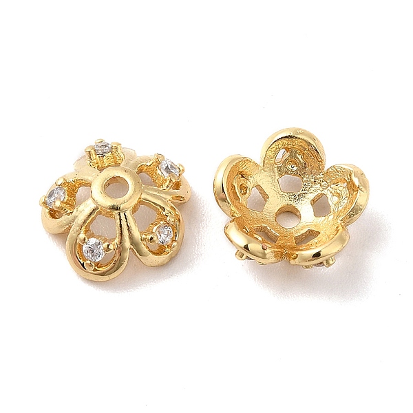 

PandaHall Brass Micro Pave Cubic Zirconia Bead Cap, 5-Petal Flower, Real 18K Gold Plated, 9.5x4mm, Hole: 1.5mm Brass+Cubic Zirconia Clear