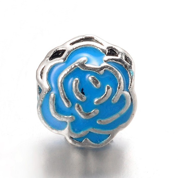 

PandaHall Large Hole Rose Flower Alloy Enamel European Beads, Antique Silver, Deep Sky Blue, 10x8x8mm, Hole: 4.5mm Alloy+Enamel Flower Blue