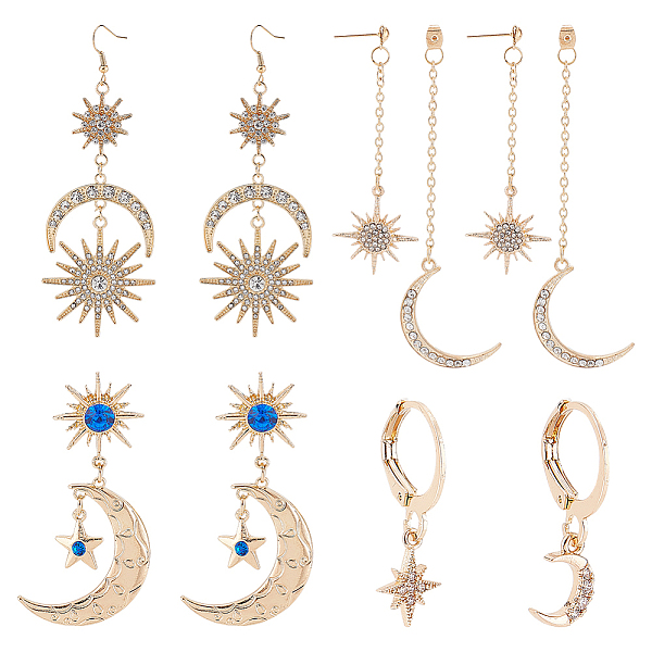 

PandaHall ANATTASOUL 4 Pairs 4 Style Crescent Moon & Star Rhinestone Front Back Stud & Dangle & Leverback Earrings, Alloy Long Drop Earrings..., Multicolor