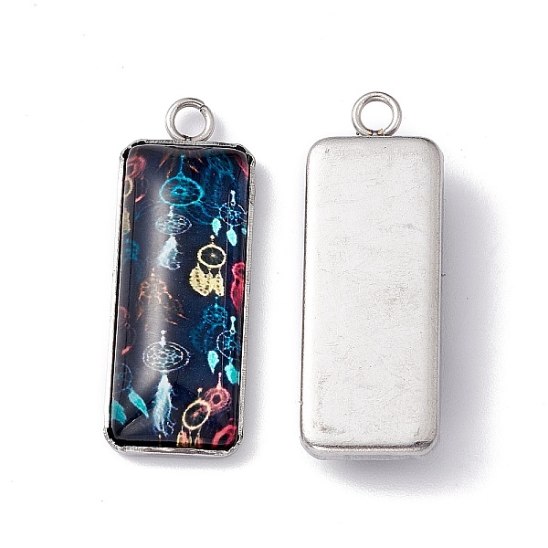 

PandaHall Bohemian Style Glass Pendants, with 201 Stainless Steel Finding, Rectangle with Woven Net/Web with Feather Pattern, Stainless..., Blue