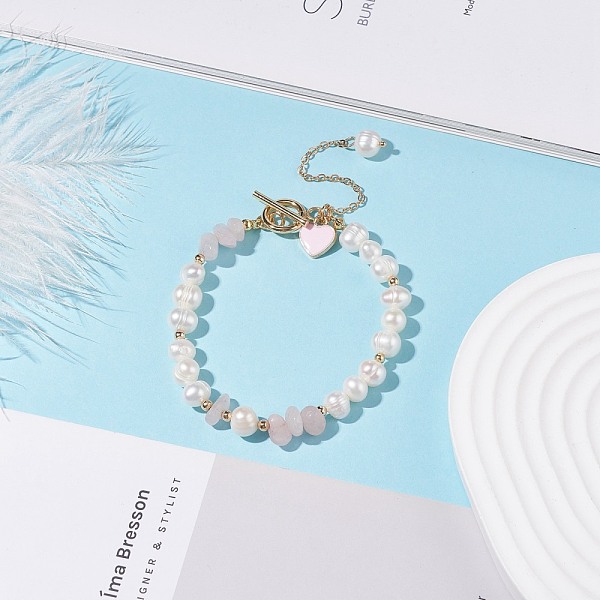 

PandaHall Natural Rose Quartz & Pearl Beaded Bracelet with Alloy Enamel Heart Charms, Gemstone Jewelry for Women, Golden, 7-5/8 inch(19.4cm)...