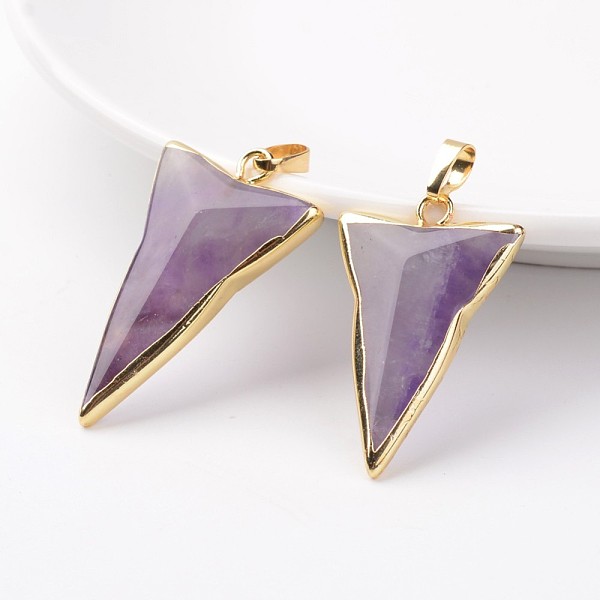 

PandaHall Natural Amethyst Pendants, Triangle, with Brass Findings, Golden, 30~40x20~31x6~10mm, Hole: 5x7mm Amethyst Triangle