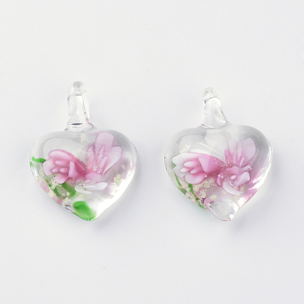

PandaHall Handmade Luminous Lampwork Pendants, with Inner Flower, Heart, Pink, 27~33x21~23x9~11mm, Hole: 4~7mm Lampwork Heart Pink