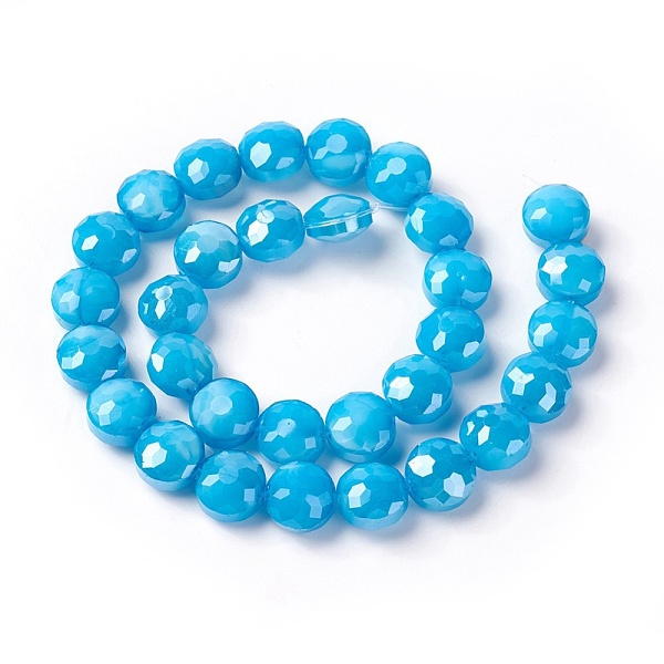 

PandaHall Electroplate Glass Beads Strands, Pearl Luster Plated, Faceted Flat Round, Deep Sky Blue, 10x6.5~7mm, Hole: 1mm, about...