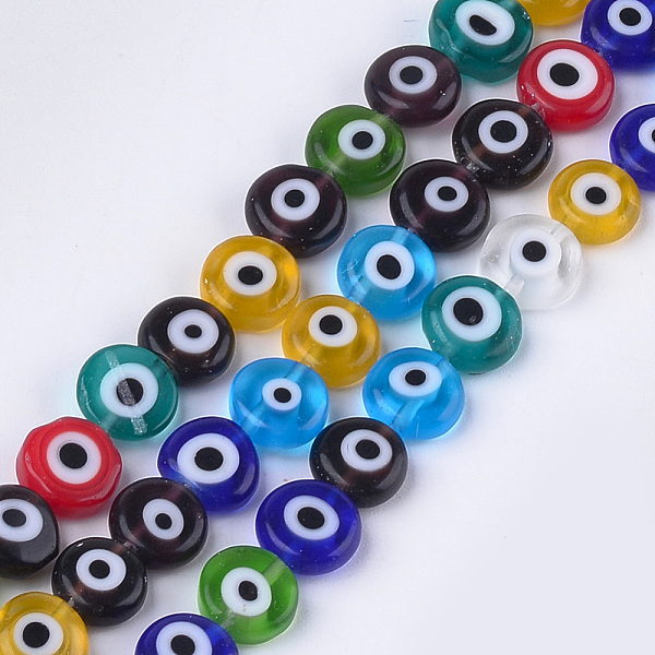 PandaHall Handmade Evil Eye Lampwork Beads Strands, Flat Round, Mixed Color, 7.5~8x3~4mm, Hole: 1mm, about 48pcs/strand, 13.7 inch~14.9 inch...