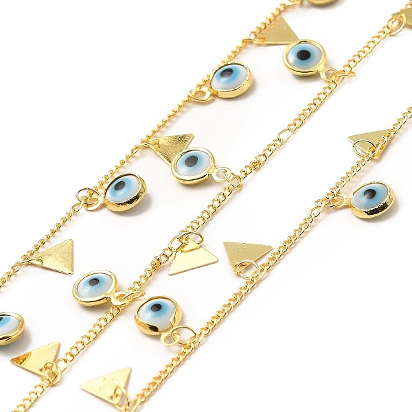 

PandaHall Brass Curb Chains, with Light Sky Blue Enamel Evil Eyes & Triangle Charms, Soldered, with Spool, Real 18K Gold Plated, 1.5mm Brass...