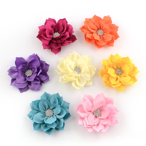 

PandaHall Handmade Woven Costume Accessories, with Alloy Rhinestone Findings, Flower, Mixed Color, 86x20mm Cloth Flower Multicolor