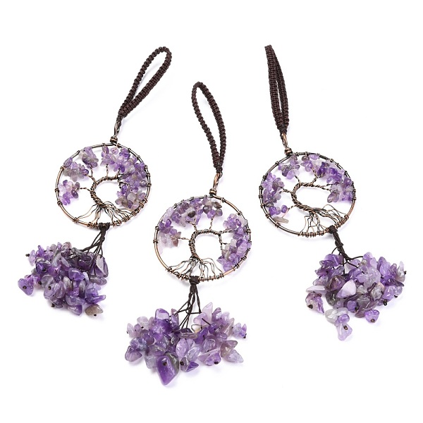 

PandaHall Wire Wrapped Chips Natural Amethyst Big Pendant Decorations, with Red Copper Plated Brass Wires and Nylon Cord, Flat Round with...