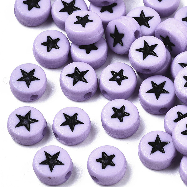 

PandaHall Opaque Acrylic Beads, with Enamel, Flat Round with Star, Lilac, 7x4mm, Hole: 1.5mm, about 3416pcs/500g Acrylic Flat Round Purple