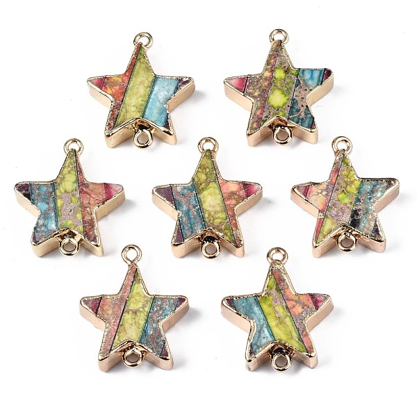 

PandaHall Natural Imperial Jasper Links Connectors, with Golden Iron Loop and Edge, Dyed, Star, Colorful, 24x20~21x6~7mm, Hole: 1.6mm...