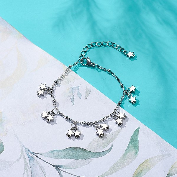 

PandaHall 304 Stainless Steel Star Charm Bracelet with Satellite Chains for Women, Platinum & Stainless Steel Color, 7-1/8 inch(18cm) Brass