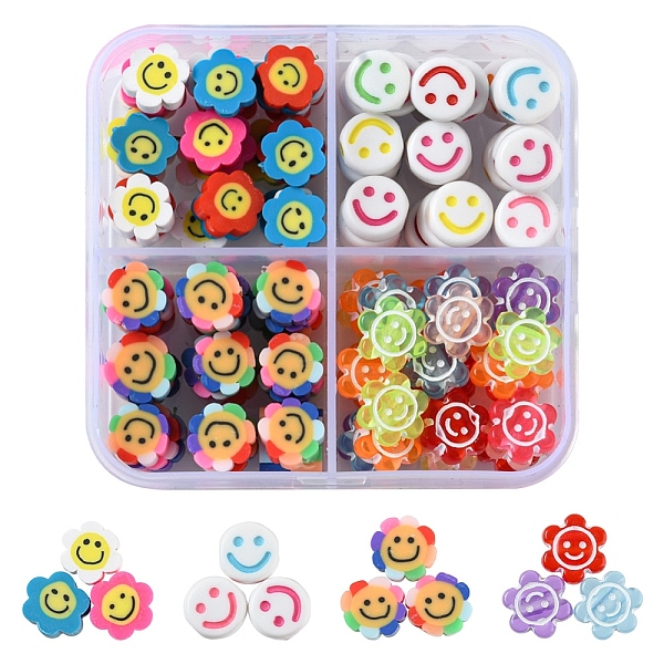 

PandaHall 120Pcs 4 Style Smiling Face Beads for DIY Jewelry Making Finding Kits, Including Flat Round Acrylic Beads, Flower Polymer Clay &..., Multicolor