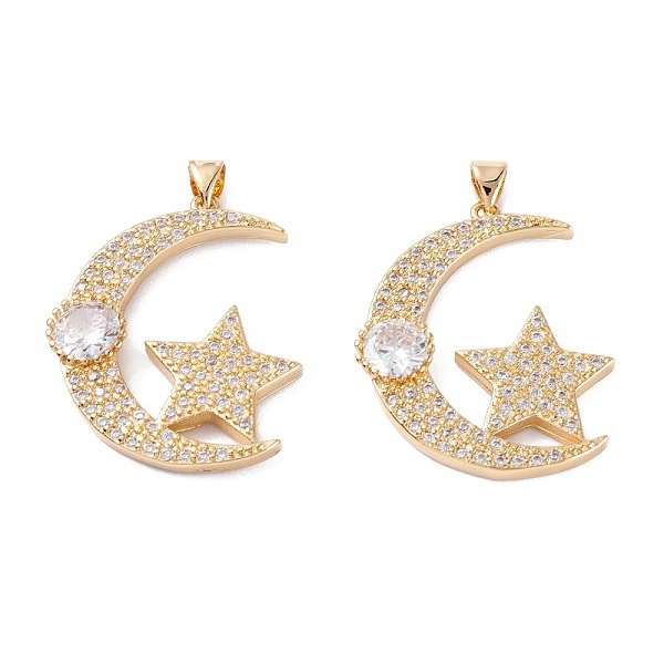 

PandaHall Brass Micro Pave Clear Cubic Zirconia Pendants, Long-Lasting Plated, Moon with Star, Real 18K Gold Plated, 32.5x27.5x4mm, Hole...