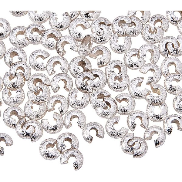 PandaHall Brass Crimp Beads Covers, Nickel Free, Silver, 4mm In Diameter, Hole: 2mm, About 100pcs/box, Packing Size: 6.8x5.2x1.1cm Brass