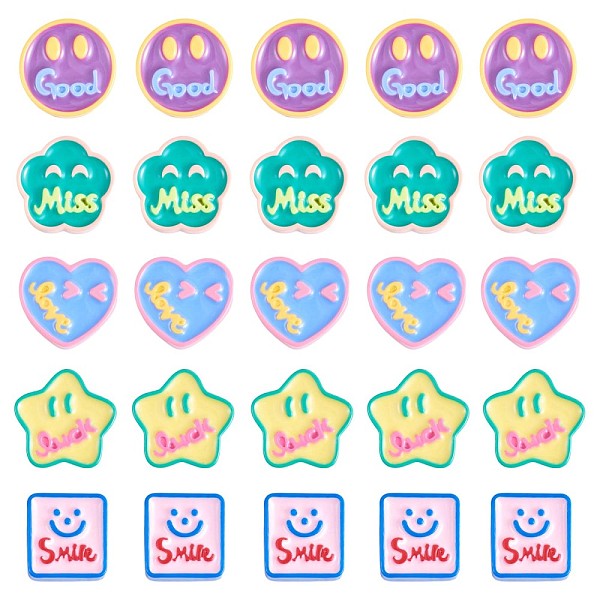 

PandaHall 25Pcs Assorted smiling face Star Heart Slime Opaque Resin Cabochon Flatback Scrapbooking Embellishment with Smile Love Miss Luck..., Multicolor