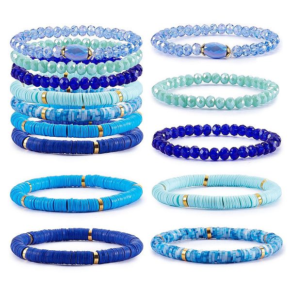 

PandaHall 7Pcs 7 Style Handmade Polymer Clay Heishi Surfer Stretch Bracelets Set, Glass Beads Stackable Bracelets, Preppy Jewelry for Women..., Blue