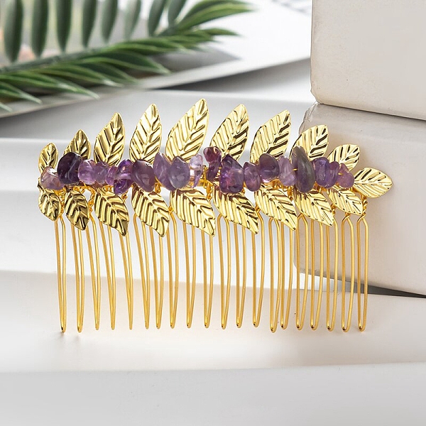 

PandaHall Leaf Natural Amethyst Chips Hair Combs, with Iron Combs, Hair Accessories for Women Girls, 45x80x10mm Amethyst