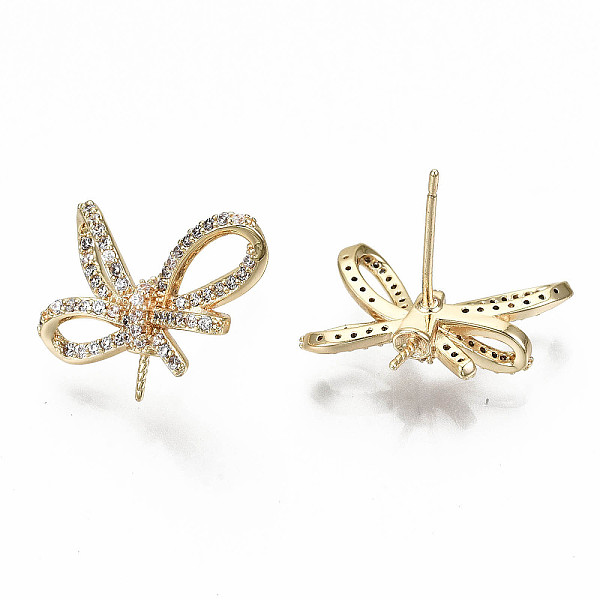 

PandaHall Brass Micro Pave Clear Cubic Zirconia Earring Findings, for Half Drilled Beads, Nickel Free, Bowknot, Real 18K Gold Plated...