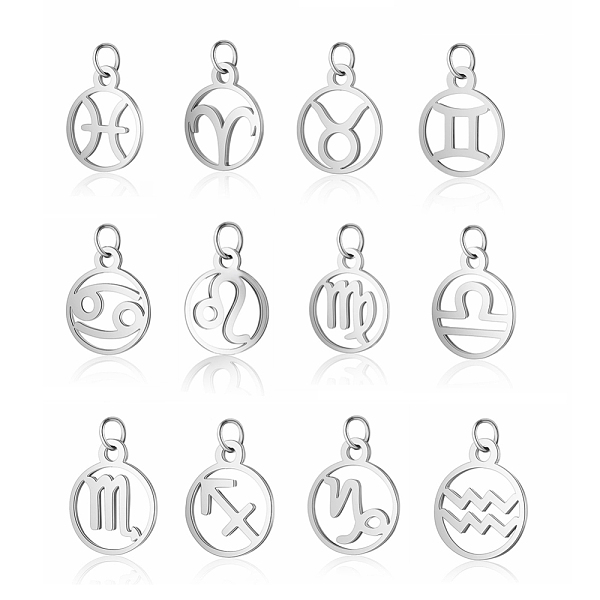 

PandaHall 304 Stainless Steel Charms, with Jump Rings, Polished, Flat Round with Constellation, Stainless Steel Color, 13x11x1mm, Hole...